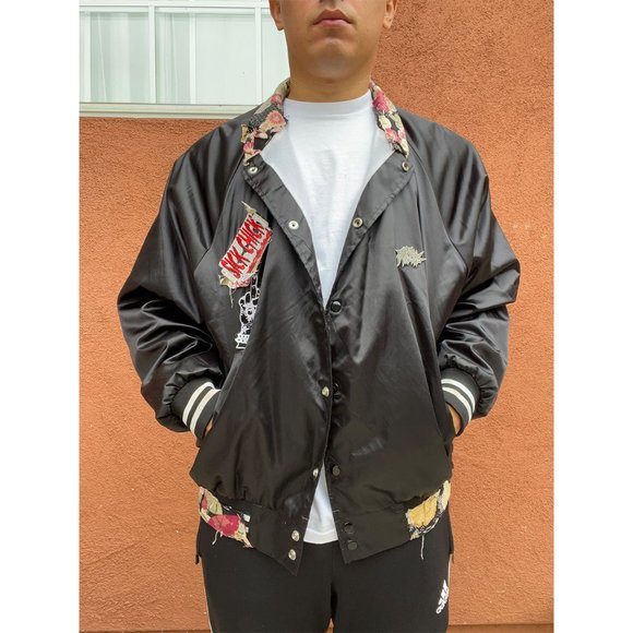 Satin Baseball Jacket/Striped Trim with custom Floral - Picture 1 of 4
